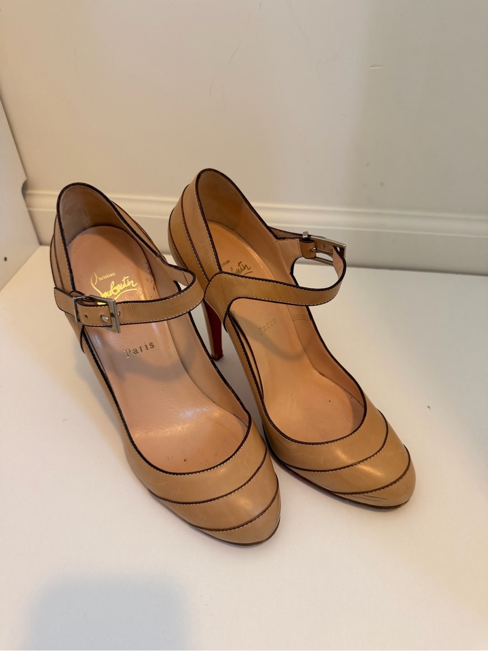 Christian Louboutin Nude Tan Mary Jane Pumps with Red Soles